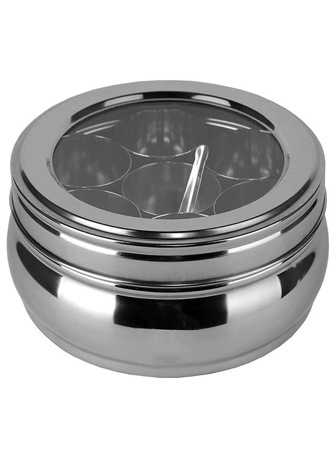 RABBONIX Stainless Steel Masala Box For Kitchen, Belly Shaped And Capacity 2.5 Liter | Spice Box/Masala Dabba/Namak Dani With See Through Lid, 07 Containers And Spoon | Anjarai Petti - Image 1